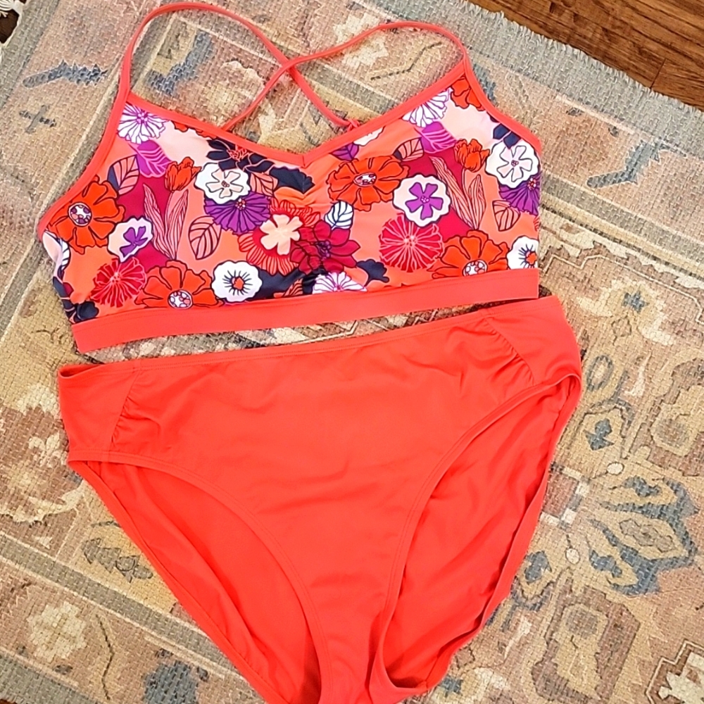 L L Bean 2 Piece Bikini Swimsuit Floral Coral Pink Size 18